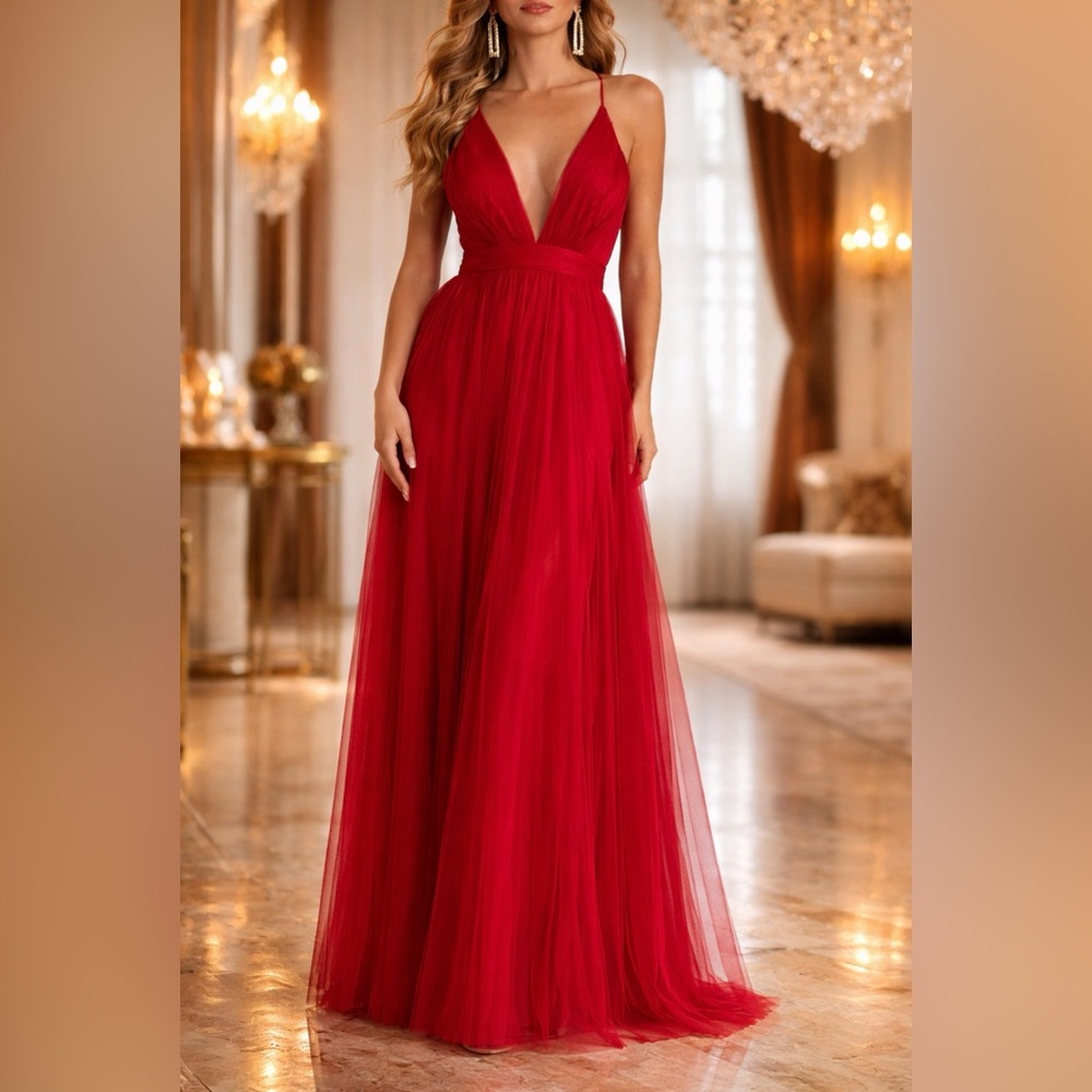 Windsor Red Tulle Maxi Dress Slit V-Neck Formal Gown S